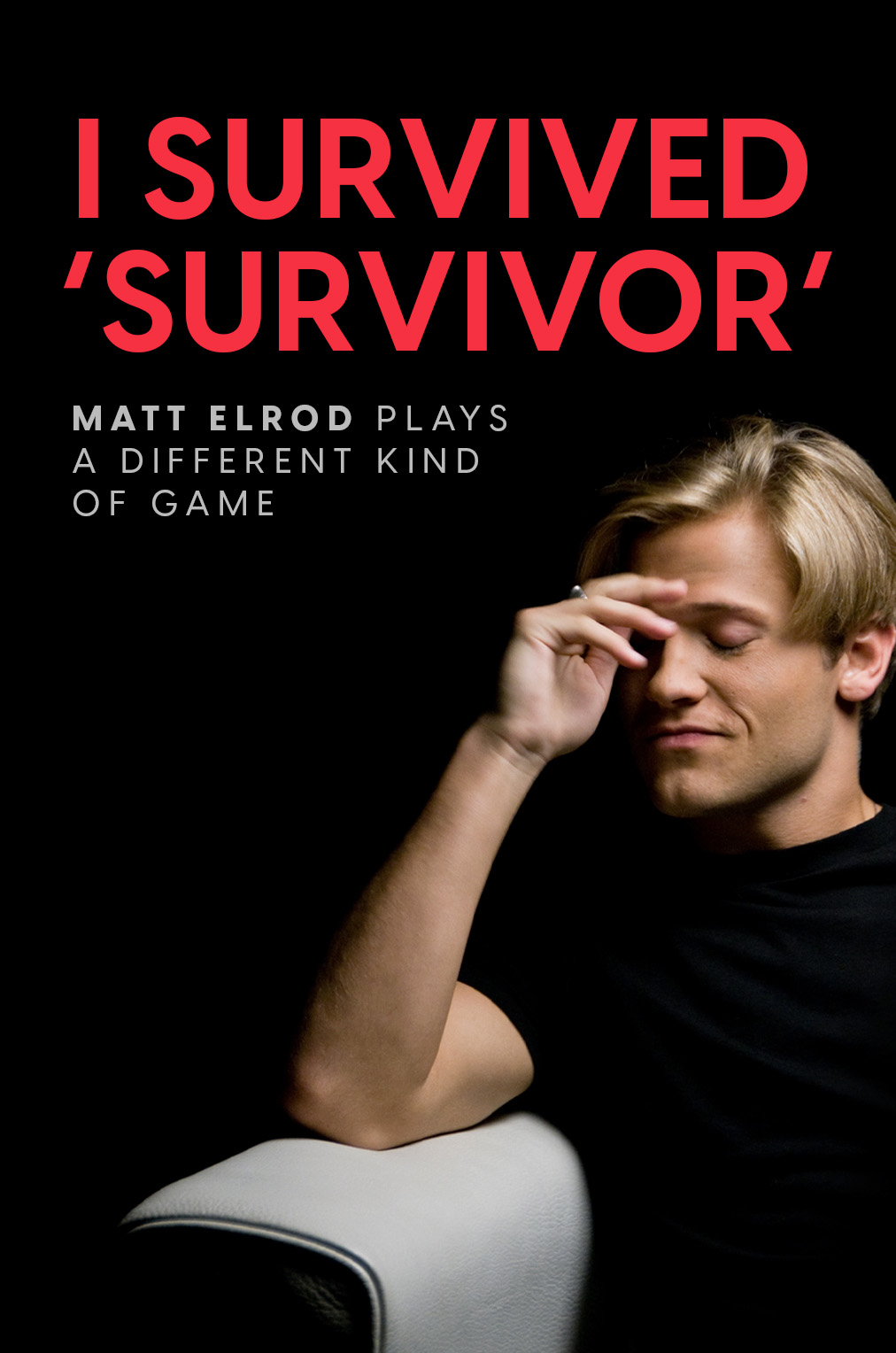 Matt Elrod sitting in a white chair with his eyes closed and his hand resting on his forehead.