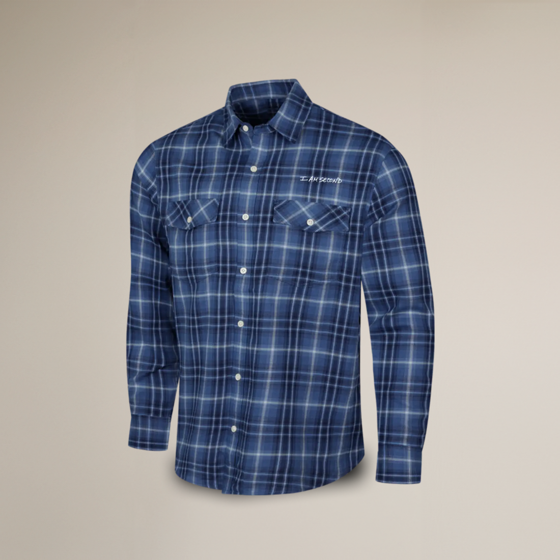 Shop our I Am Second men's long-sleeve plaid shirt.